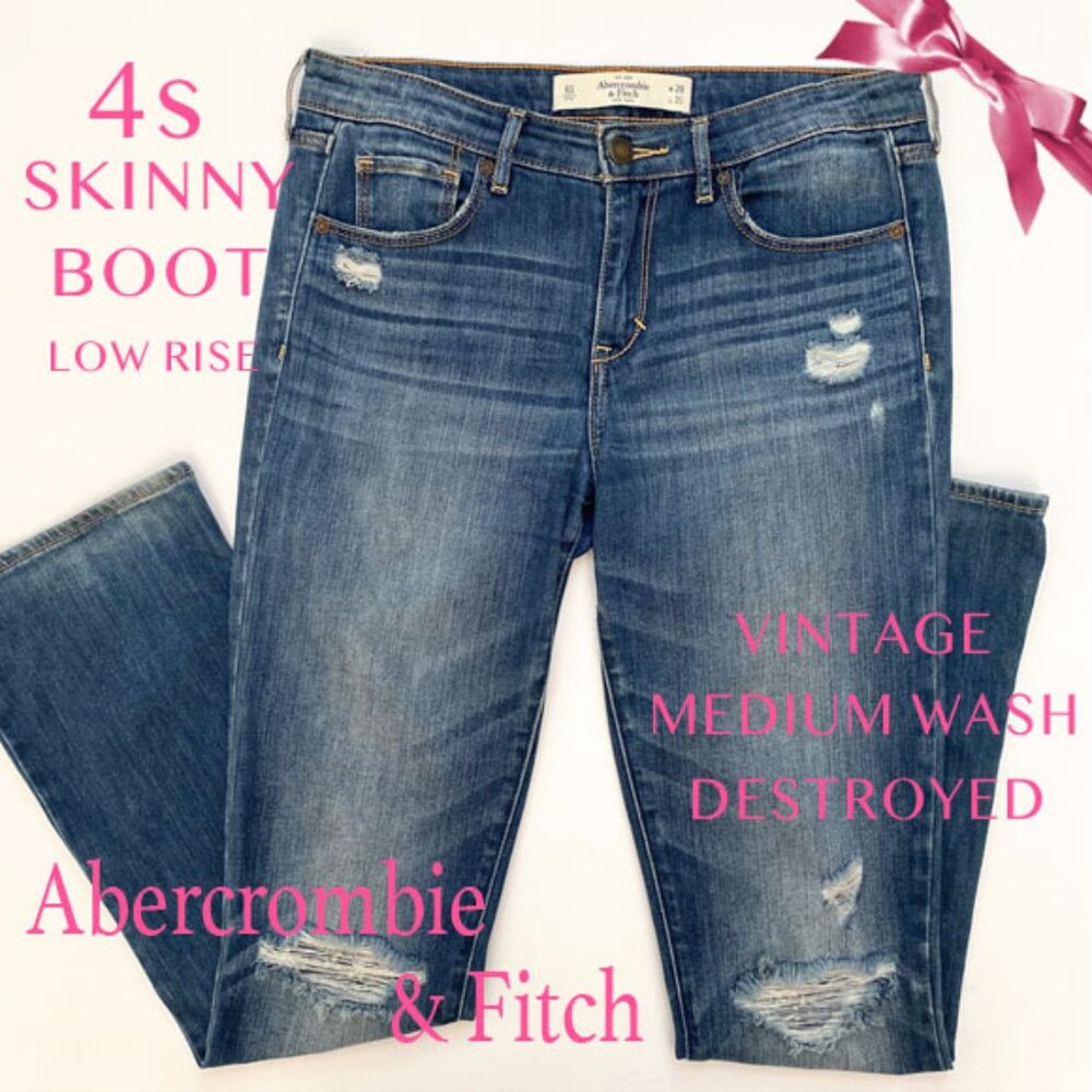 Abercrombie & Fitch Vintage Medium Wash Destroyed Skinny Boot Low Rise Size 4s